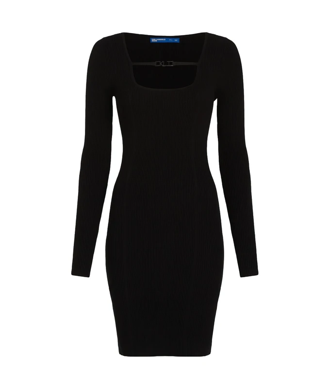 KARL LAGERFELD JEANS, Women's, Long Sleeve Knitted Logo Dress, Bodycon Fit, Black, M