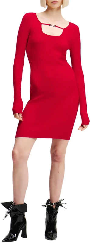 KARL LAGERFELD JEANS, Women's, Long Sleeve Knitted Logo Dress, Bodycon Fit, Red, XS
