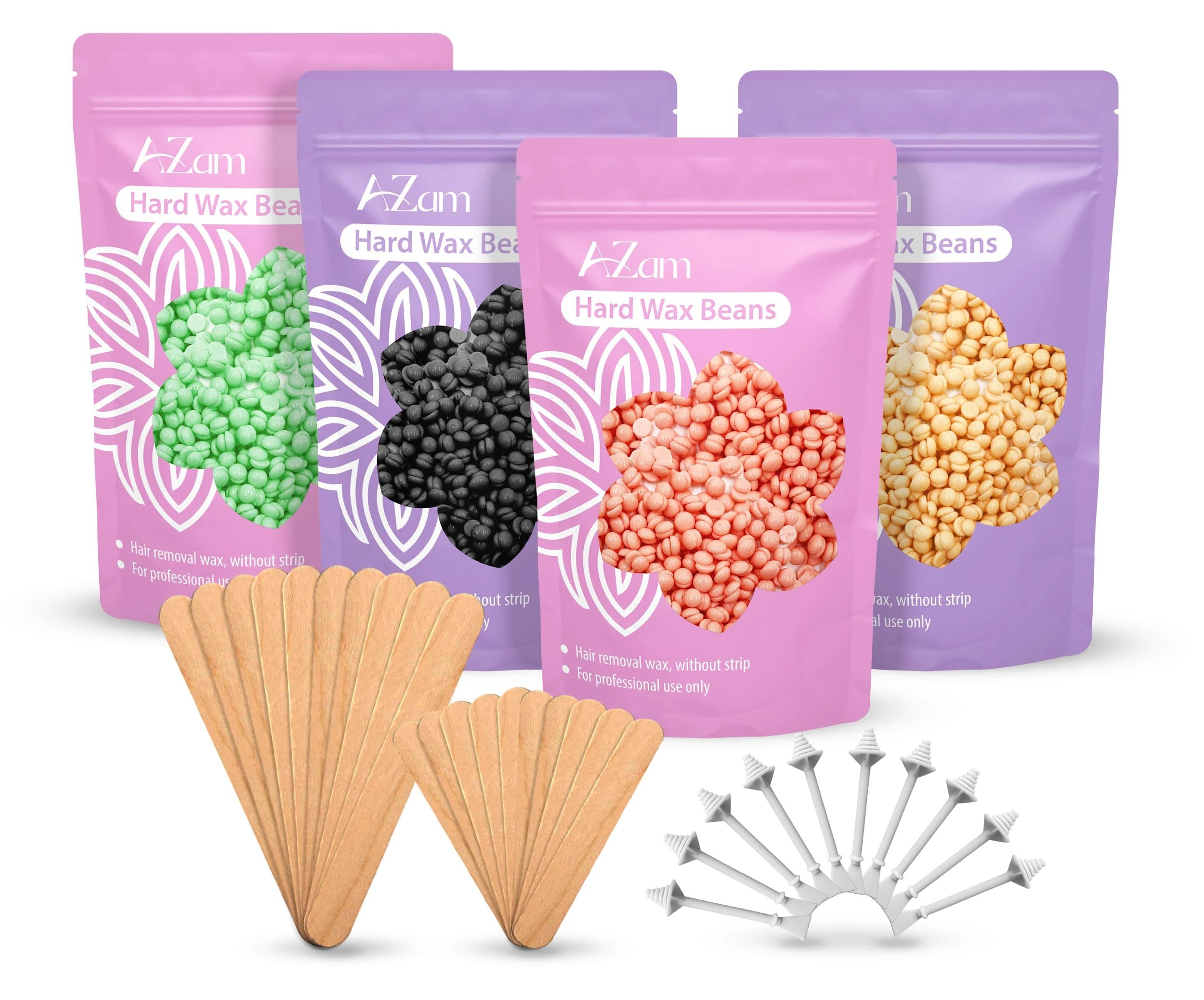 AZAM Hard Wax Beads for Hair Removal - Full Body 4X100G Painless Beans With 20 Applicators and 10 Nose Sticks - Professional for Eyebrow, Bikini