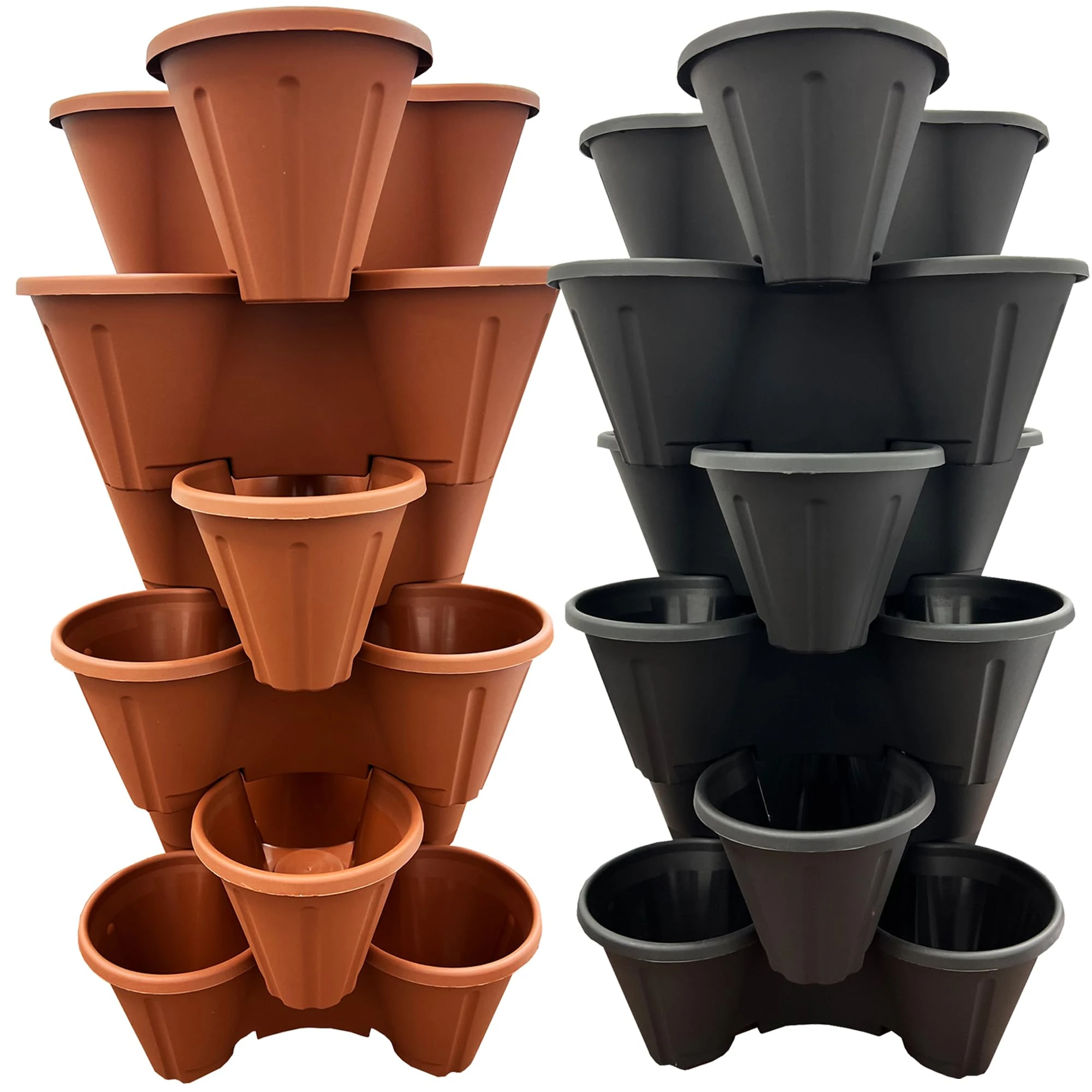 STORM TRADING GROUP Strawberry Planters Tri-Pot Stacking Pots For Herb Flower Bedding Indoor Outdoor Garden Black & Terracota (Black, 3 Strawberry Planters (Trio 3 Pot))