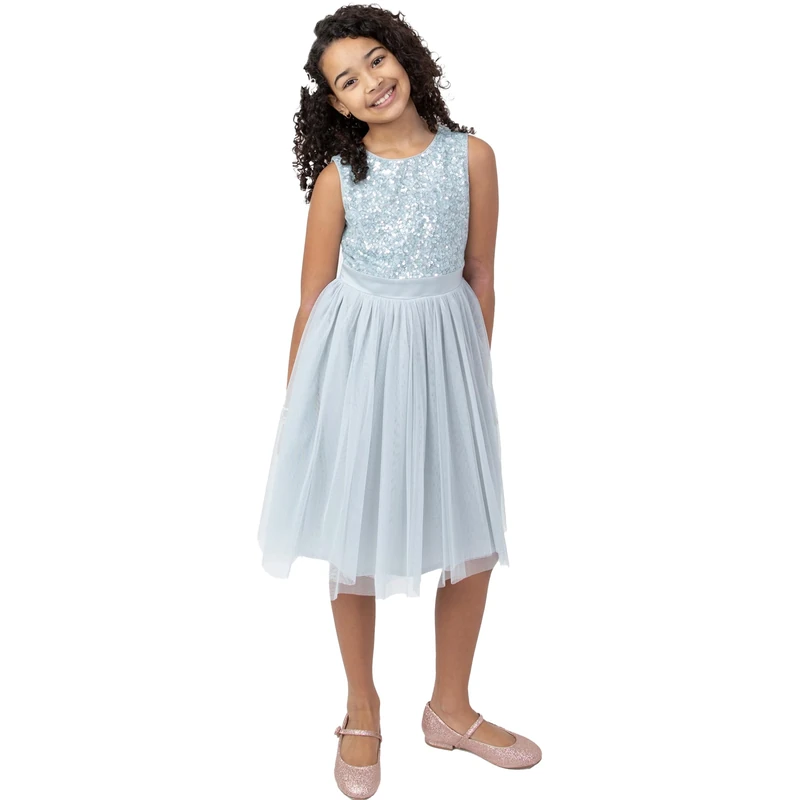 Maya Deluxe Girl's Midi Dress Sequins Embellished Party Tutu Bridesmaids Wedding with Belt Bow, Ice Blue, 7 Years