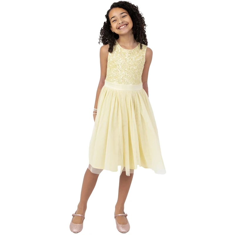 Maya Deluxe Girl's Midi Dress Sequins Embellished Party Tutu Bridesmaids Wedding with Belt Bow, Lemon, 3 Years
