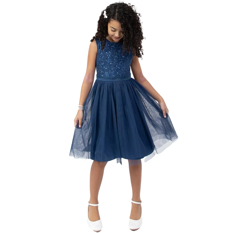 Maya Deluxe Girl's Midi Dress Sequins Embellished Party Tutu Bridesmaids Wedding with Belt Bow, French Navy, 9 Years