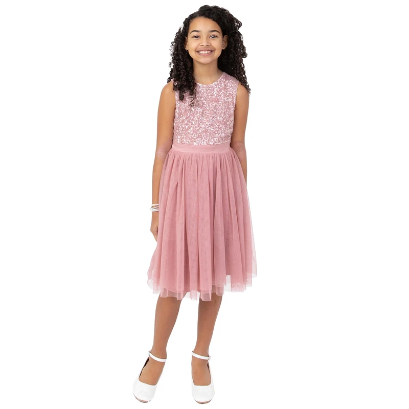 Maya Deluxe Girl's Midi Dress Sequins Embellished Party Tutu Bridesmaids Wedding with Belt Bow, Vintage Rose, 3 Years