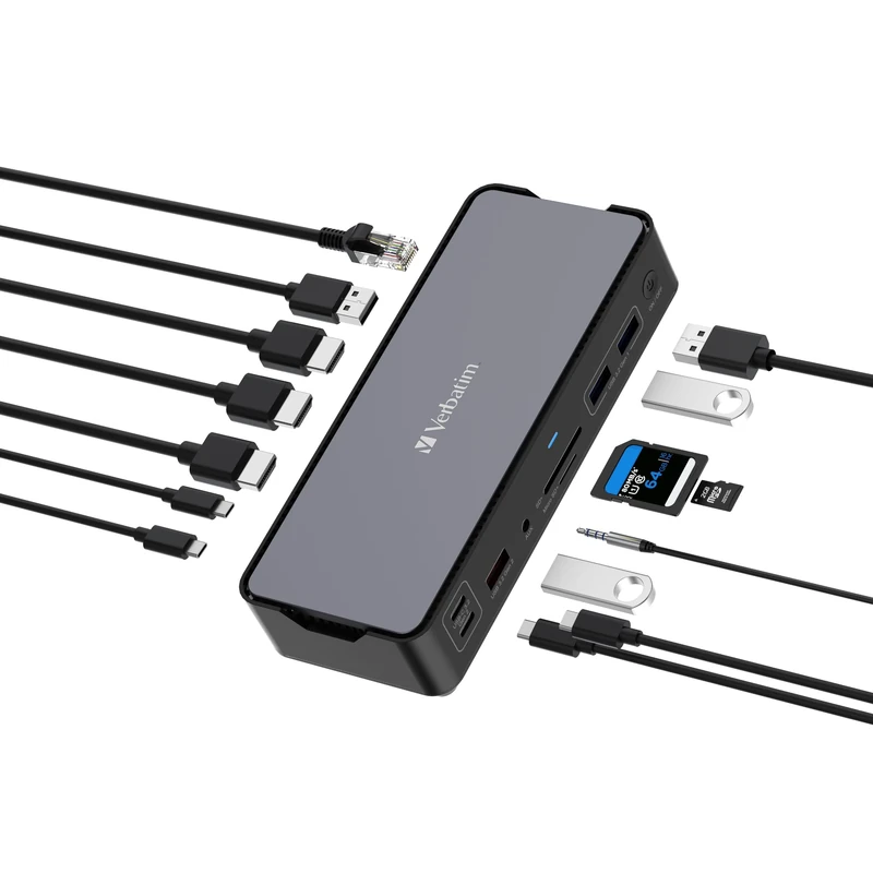 Verbatim USB-C Pro Docking Station, 15-in-1 Hub, Multiport Adapter to HDMI 4K and 8K, USB-A and USB-C, PD 80W, AUX, Card Reader, for Mac/Windows Laptop and Co