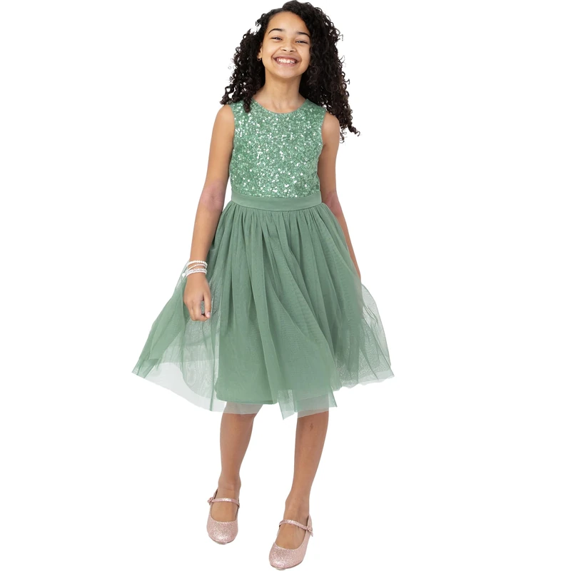 Maya Deluxe Girl's Midi Dress Sequins Embellished Party Tutu Bridesmaids Wedding with Belt Bow, Deep Mint, 11 Years