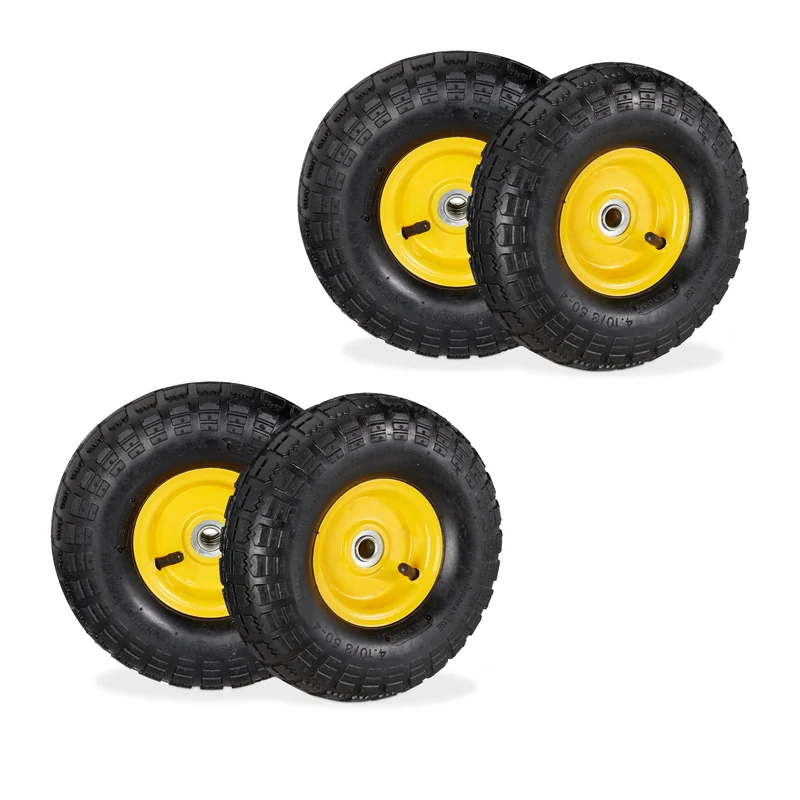 Relaxdays Wheelbarrow, Set of 4, 4.10/3.50-4, Pneumatic Tyre, 16mm Axle, 136kg, Steel Rim, 260x85 mm, Black/Yellow, Rubber, 26 x 26 x 8.5 cm
