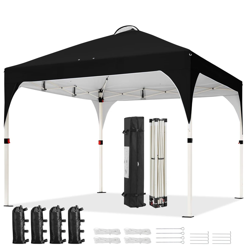 Yaheetech Pop Up Gazebo, 3x3m Instant Foldinng Shelter with Wheeled Bag, 4 Sandbags, 4 Ropes, 12 Stakes, Metal Frame, Adjustable Height, Top Air Vent, Black