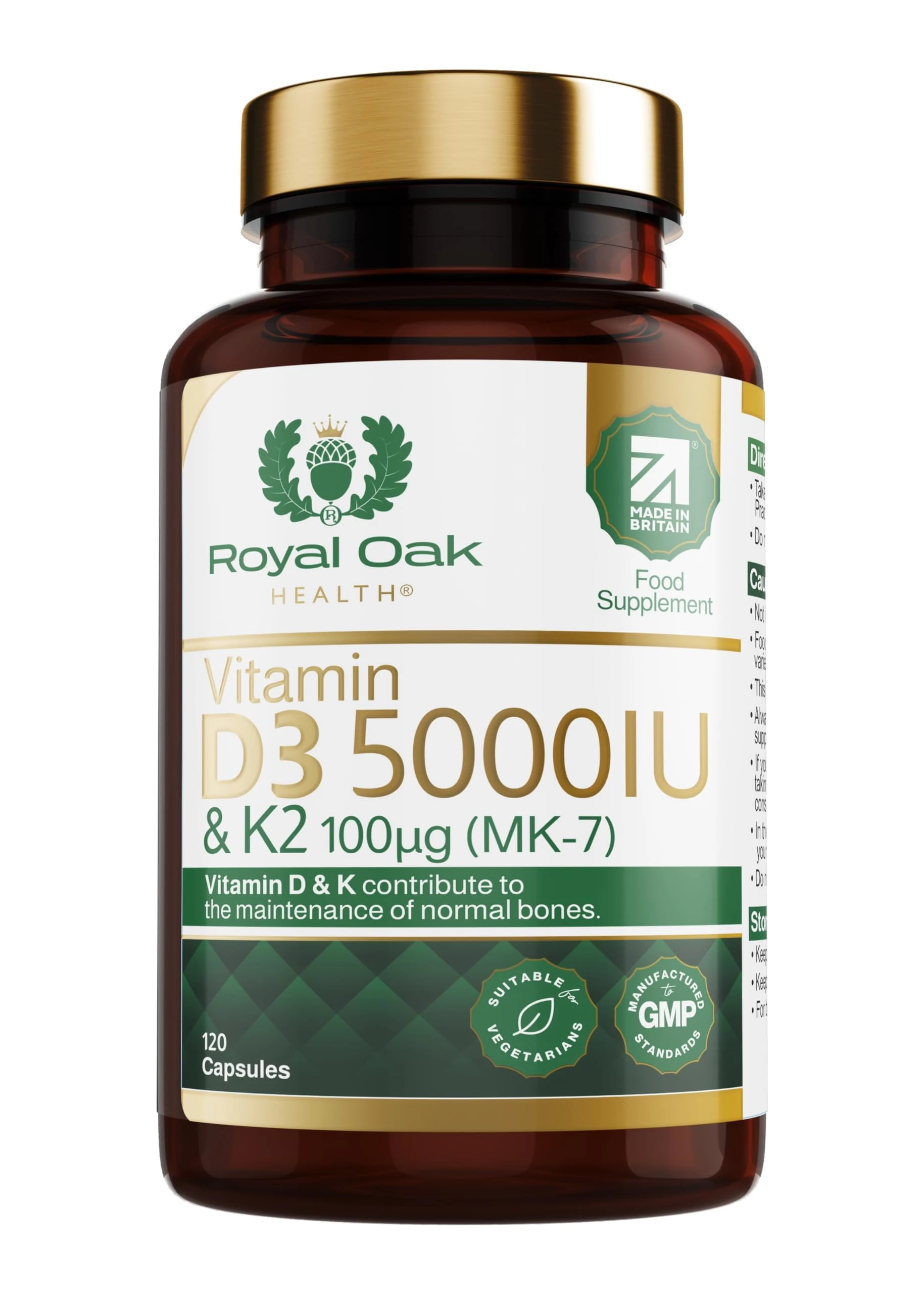 Vitamin D3 5000 IU & Vitamin K2 100mcg (MK-7) x120 Capsules - High Strength Vitamin D & K2 Supplement for Men & Women, Made in The UK by Royal Oak Health