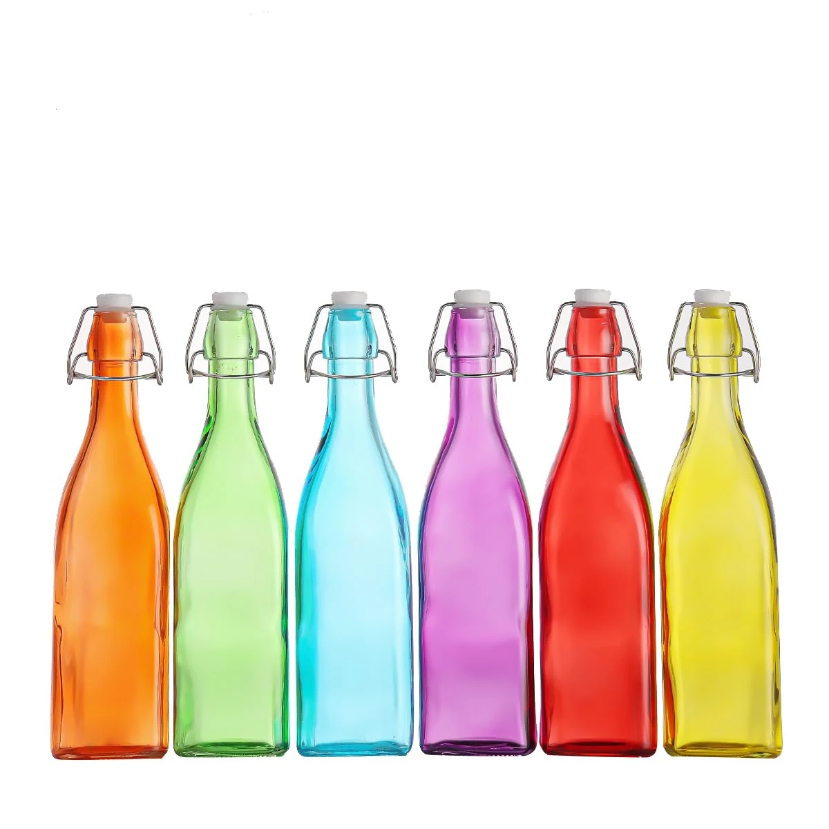 simpa Vintage Style Mix Colour Glass Bottles with Swing Top Lids. Square 500ml Bottles - Set of 6