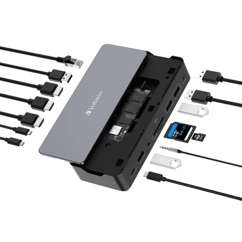 Verbatim USB-C Pro Docking Station, 15-in-1 Hub with Integrated SSD, Multiport Adapter to HDMI 4K and 8K, USB-A and USB-C, PD 80W, AUX, Card Reader, for Mac/Windows Laptop and Co