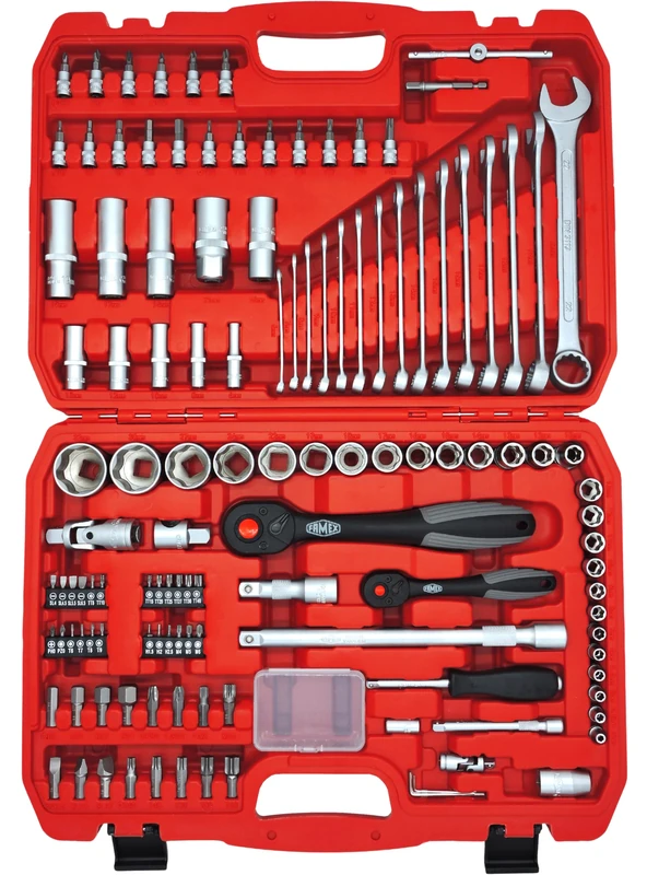 Famex 568-44 Socket Spanner Set 125 Pieces - Ratchet Set Tool 4-32 mm Set with 72-Tooth Fine Tooth Ratchets - Wave Profile - 12.5 mm (1/2 Inch) and 6.3 mm (1/4 Inch) - Bit Inserts