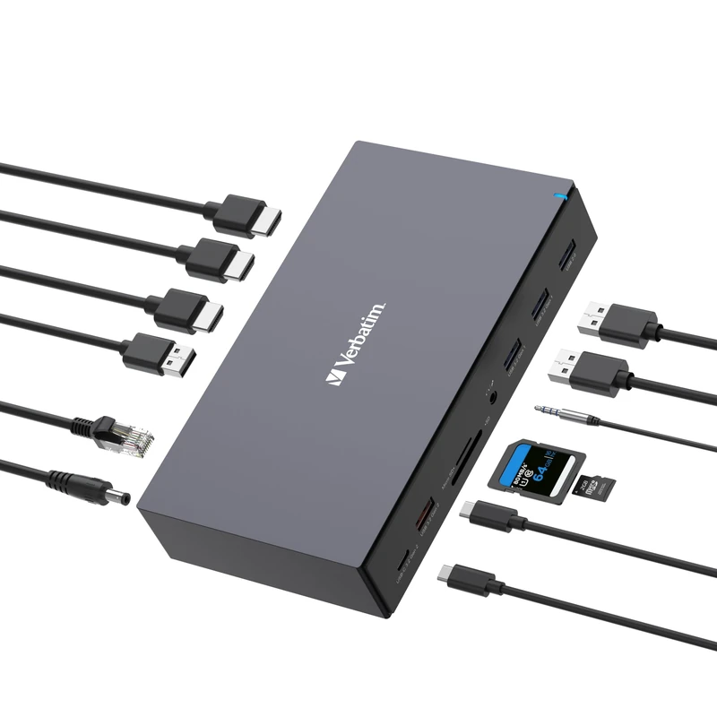 Verbatim USB-C Pro Docking Station, 17-in-1 Hub, Multiport Adapter to HDMI 4K and 8K, USB-A and USB-C, PD 100W, AUX, Card Reader, for Mac/Windows Laptop etc