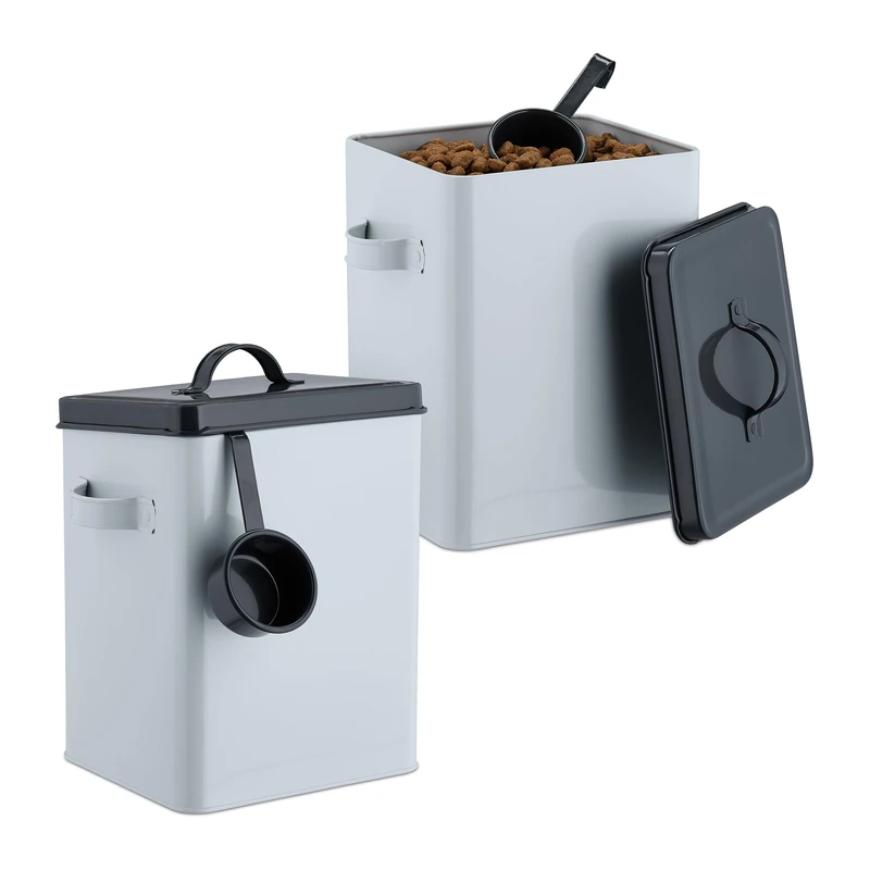 Relaxdays Food Storage Box, Set of 2, 5.5 litres Each, with Lid & Spoon, Iron, Store Dry Pet Feed, White/Anthracite, 26.5 x 15.5 x 19 cm