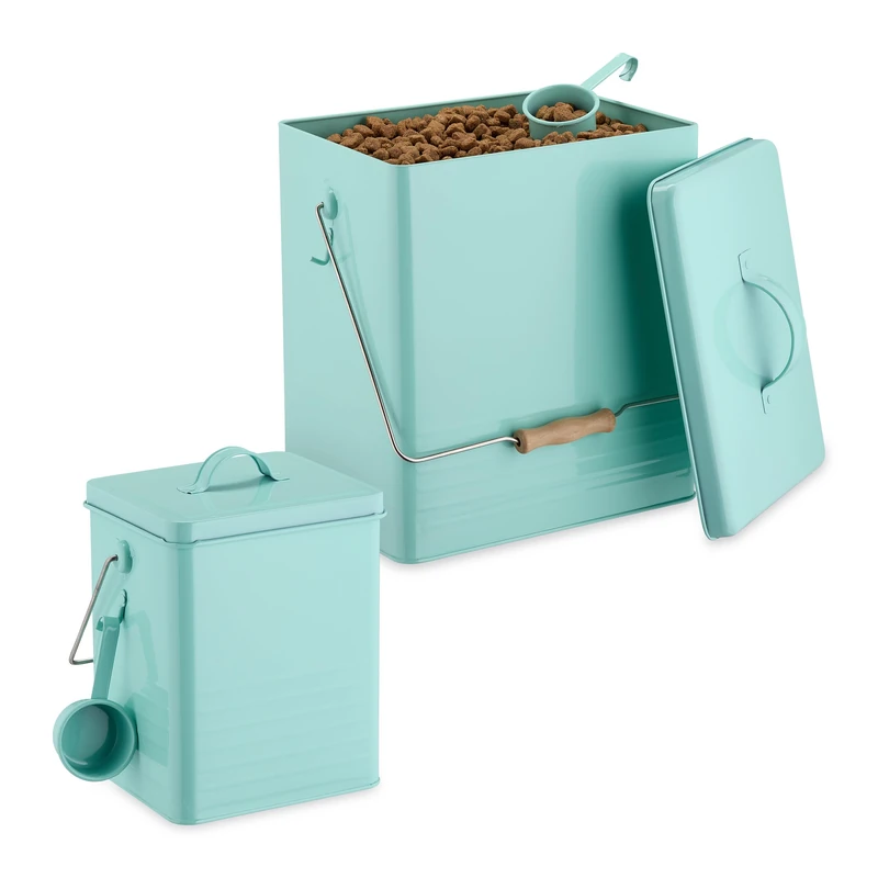 Relaxdays Food Storage Box, Set of 2, Different Sizes, with Lid, Spoon & Handle, Iron, Store Dry Pet Feed, Turquoise, Bamboo, 36.5 x 21 x 28.5 cm