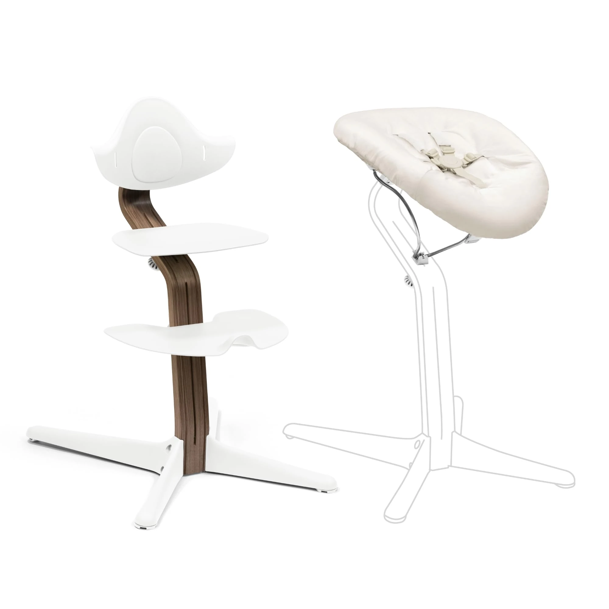 Stokke Nomi Chair (Walnut) with Newborn Set (White/Grey Sand) - Includes 5-Point Safety Harness & Reversibile, Washable Textile Set - Holds Up to 150 kg