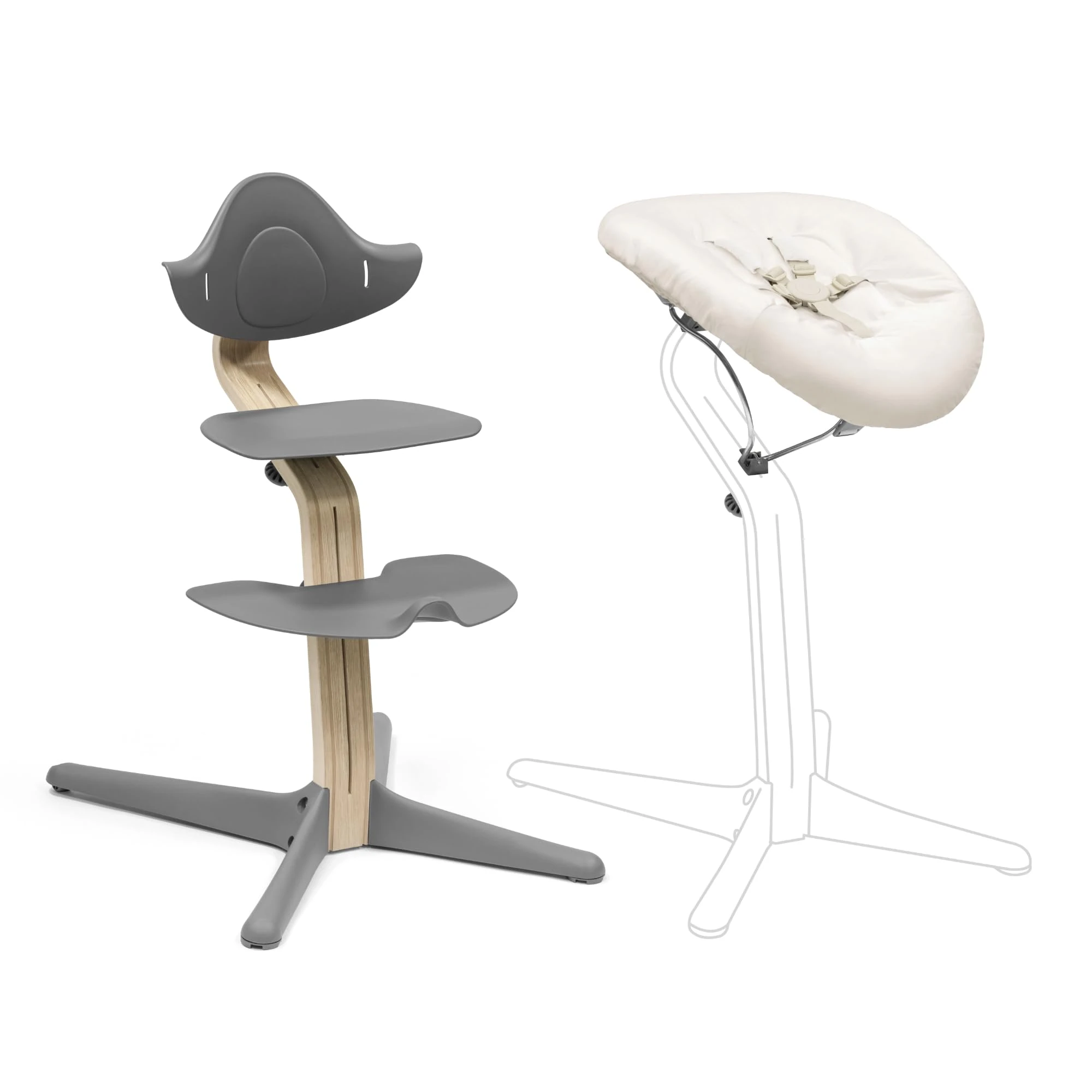Stokke Nomi Chair with Newborn Set - Grey/Grey Sand - Safety Harness & Washable Textile Set - Holds Up to 150 kg