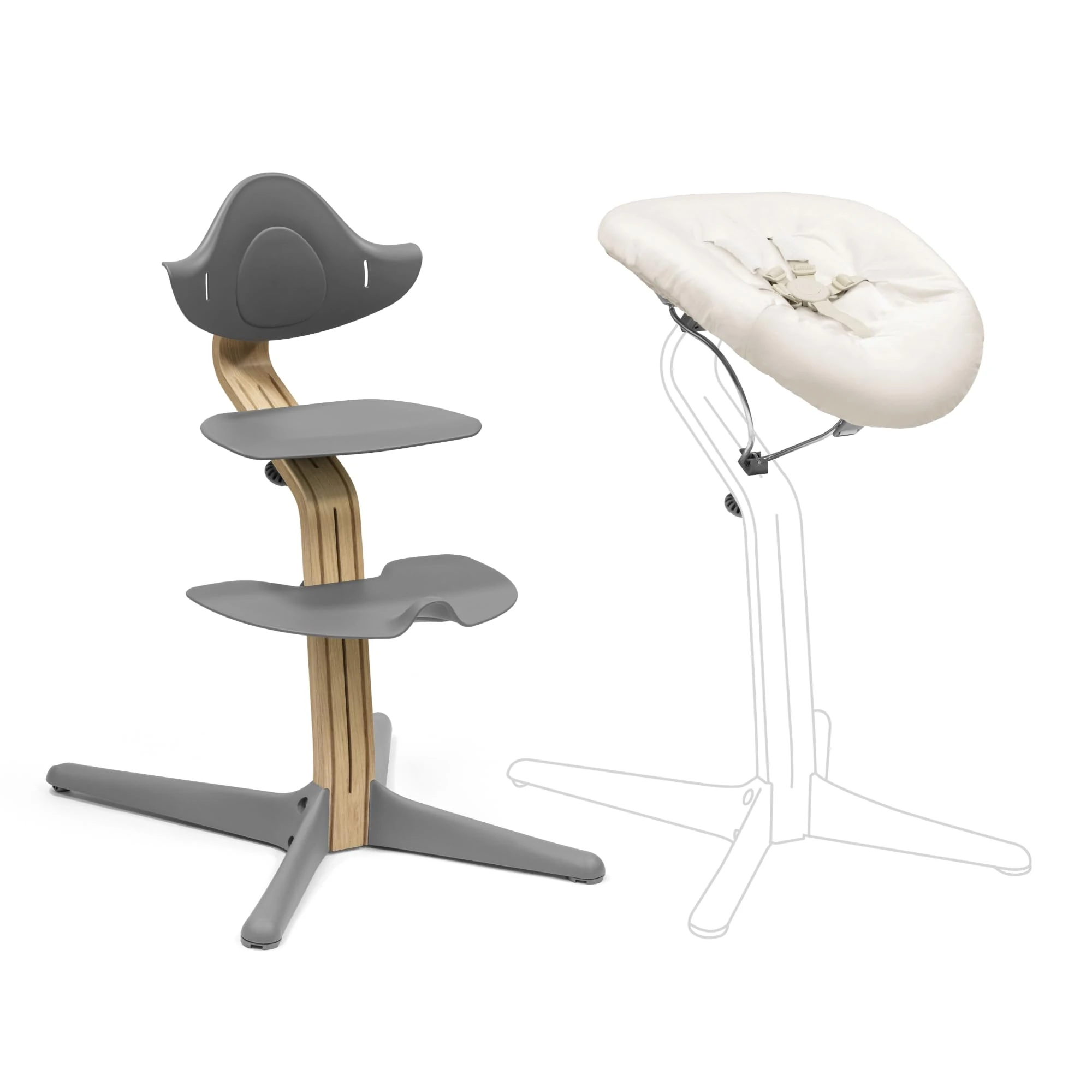 Stokke Nomi Chair (Oak/Grey) with Newborn Set (Grey Sand) - Includes 5-Point Safety Harness & Reversible, Washable Textile Set - Holds Up to 150 kg