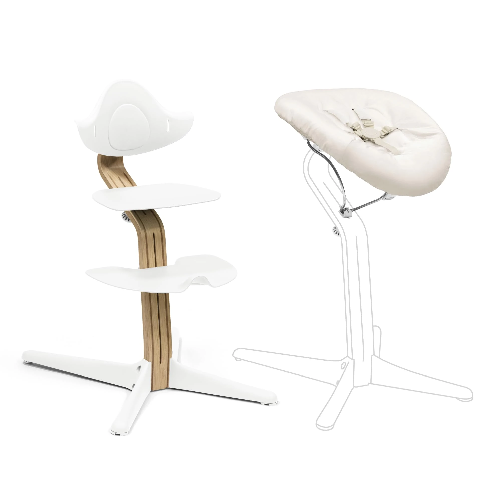 Stokke Nomi Chair (Oak White) with Newborn Set (White/Grey Sand) - Includes 5-Point Safety Harness & Reversibile, Washable Textile Set - Holds Up to 150 kg