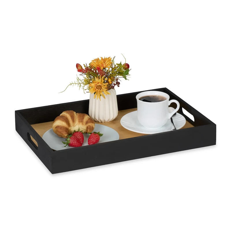 Relaxdays Serving Tray, Bamboo and MDF, HxWxD: 5 x 40.5 x 28 cm, with Handles, High Rim, Rectangular, Black/Natural