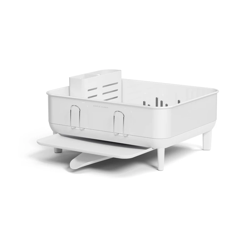 simplehuman Steel Frame Dishrack, Compact Dish Drainer Rack for Small Kitchens, 360º Easy Drain Swivel Spout, Anti-Residue Coating, Moisture Control Surface, White