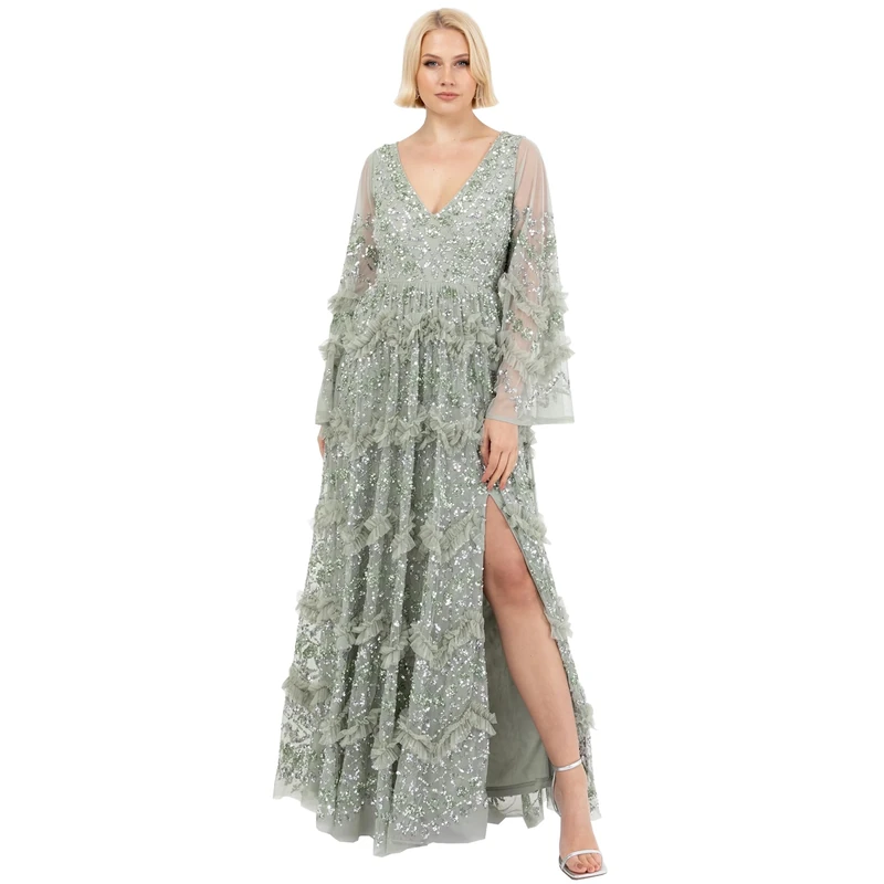 Maya Deluxe Women's Ladies Maxi Dress V Neckline Sequin with Ruffle Empire Waist Slit Split for Prom Ball Bridesmaid Wedding Guest, Green Lily, 10