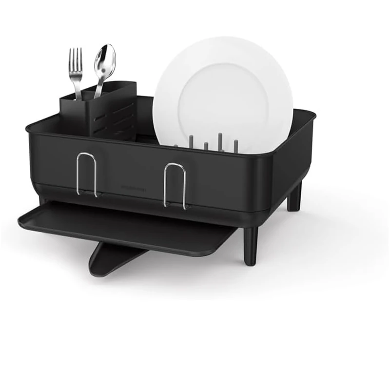 simplehuman Steel Frame Dishrack, Compact Dish Drainer Rack for Small Kitchens, 360º Easy Drain Swivel Spout, Anti-Residue Coating, Moisture Control Surface, Matte Black