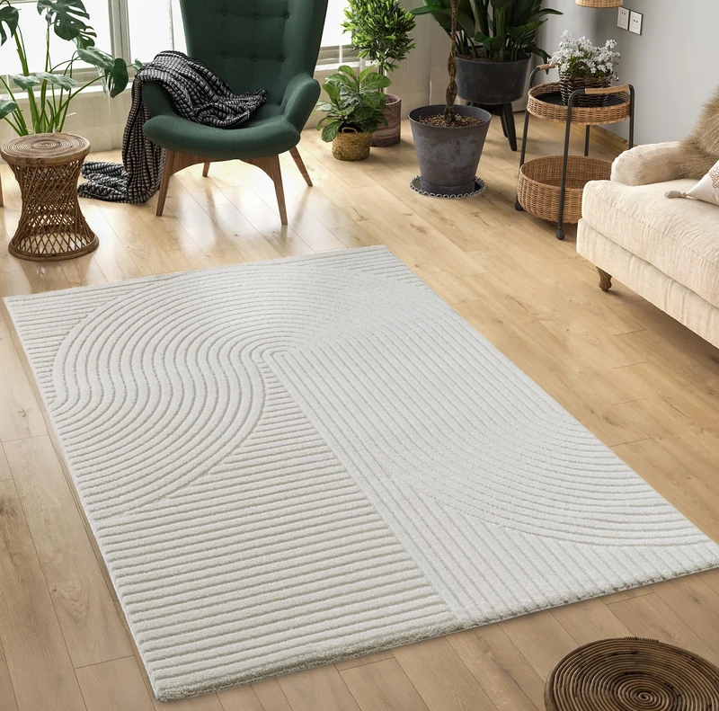 Mia's Theo Rugs, Modern Short Pile with High/Low Effect, 3D Effect, High Pile Density, Soft, Panglao Design, Cream, 140 x 200 cm