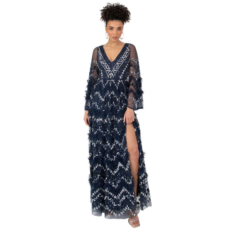 Maya Deluxe Women's Ladies Maxi Dress V Neckline Sequin with Ruffle Empire Waist Slit Split for Prom Ball Bridesmaid Wedding Guest, Navy, 24