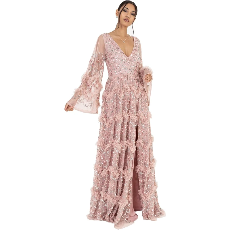 Maya Deluxe Sequin Maxi Dress - Frosted Pink Evening Gown - Image 1