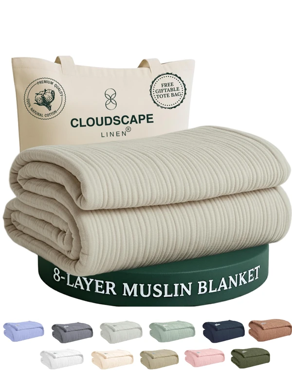 CLOUDSCAPE LINEN 100% Cotton 8 Layer Muslin Twin Size Bed Blanket - Fog