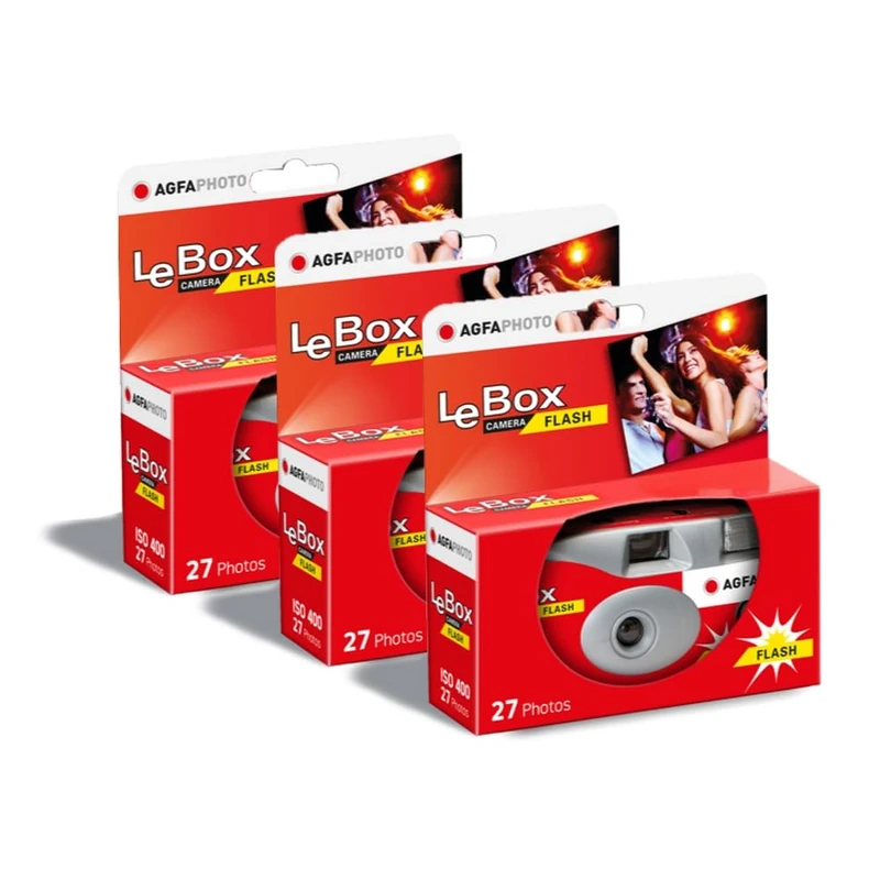 AGFA PHOTO PACK 3 x 601020 - Appareil Photo Jetable LeBox Flash, 27 photos, Objectif Optique 31 mm - Gris et Rouge