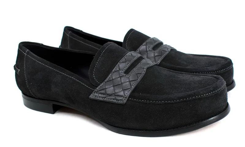 Bottega Veneta Pre-Loved Dark Grey Suede Loafers with Woven Leather Detail
