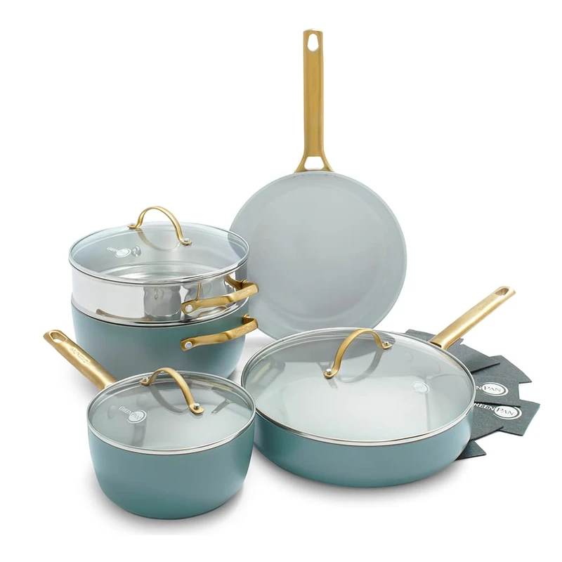 GreenPan Padova Hard Anodized Healthy Ceramic Non-Stick Cookware Set, 10 Pieces, with Frying Pans, Sauté Pan, Golden Handle, PFAS Free, Induction, Oven-Safe, Dishwasher, Smoke Blue