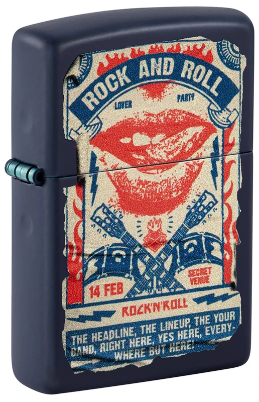 Zippo Windproof Lighter - Rock & Roll Poster - Navy Matte Finish, Colour Image - Refillable - Reusable - Windproof Design - Gift Box - Made in USA