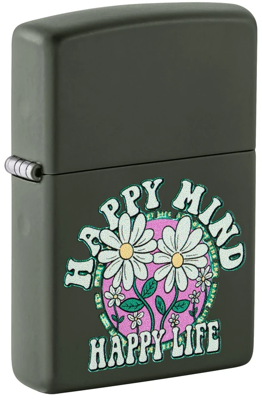 Zippo Windproof Lighter - Happy Mind Happy Life - Green Matte Finish with Color Image - Refillable - Reusable - Windproof Design - Gift Box - Made in USA