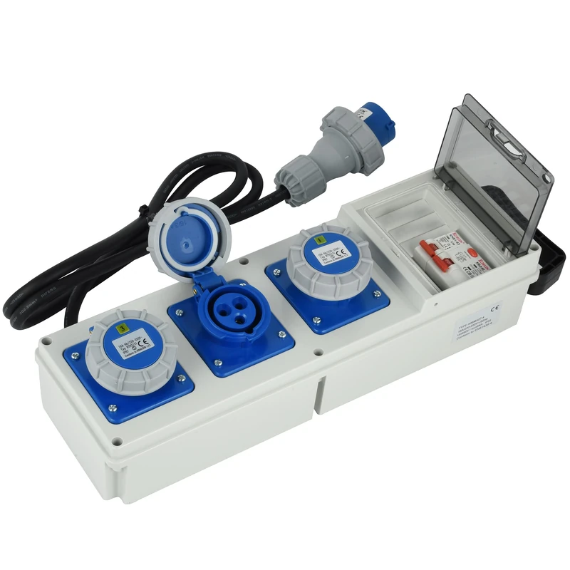 Electraline 60426 Electrical Distribution Board 3 Industrial Sockets CEE, CEE Plug, 2M H07RN-F 3G2.5 Cable, IP67, with RCD 30ma Differential Switch + MCB Safety Switch