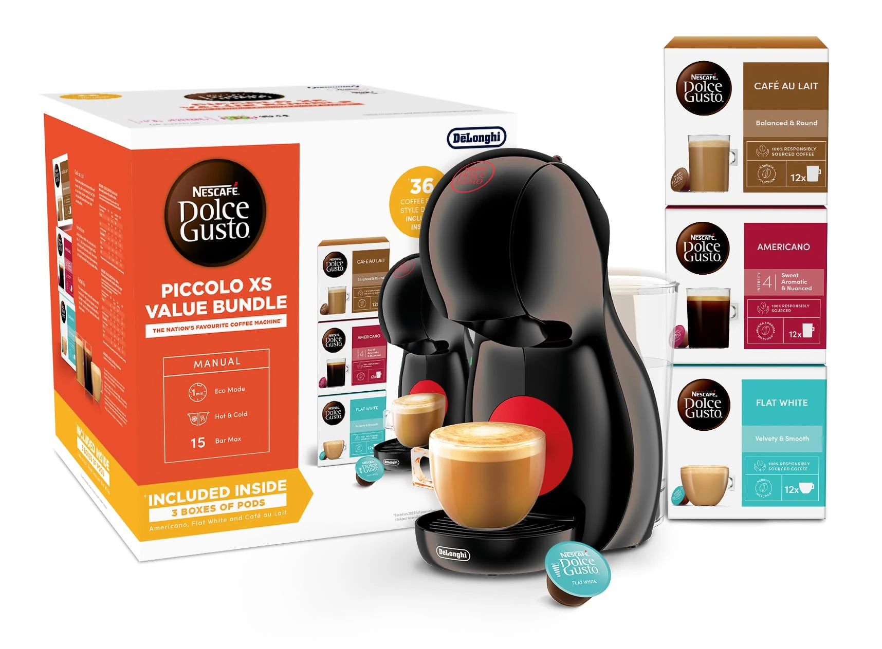 NESCAFÉ Dolce Gusto EDG210.B Piccolo XS Manual Coffee Machine Black by DeLonghi - Value Bundle