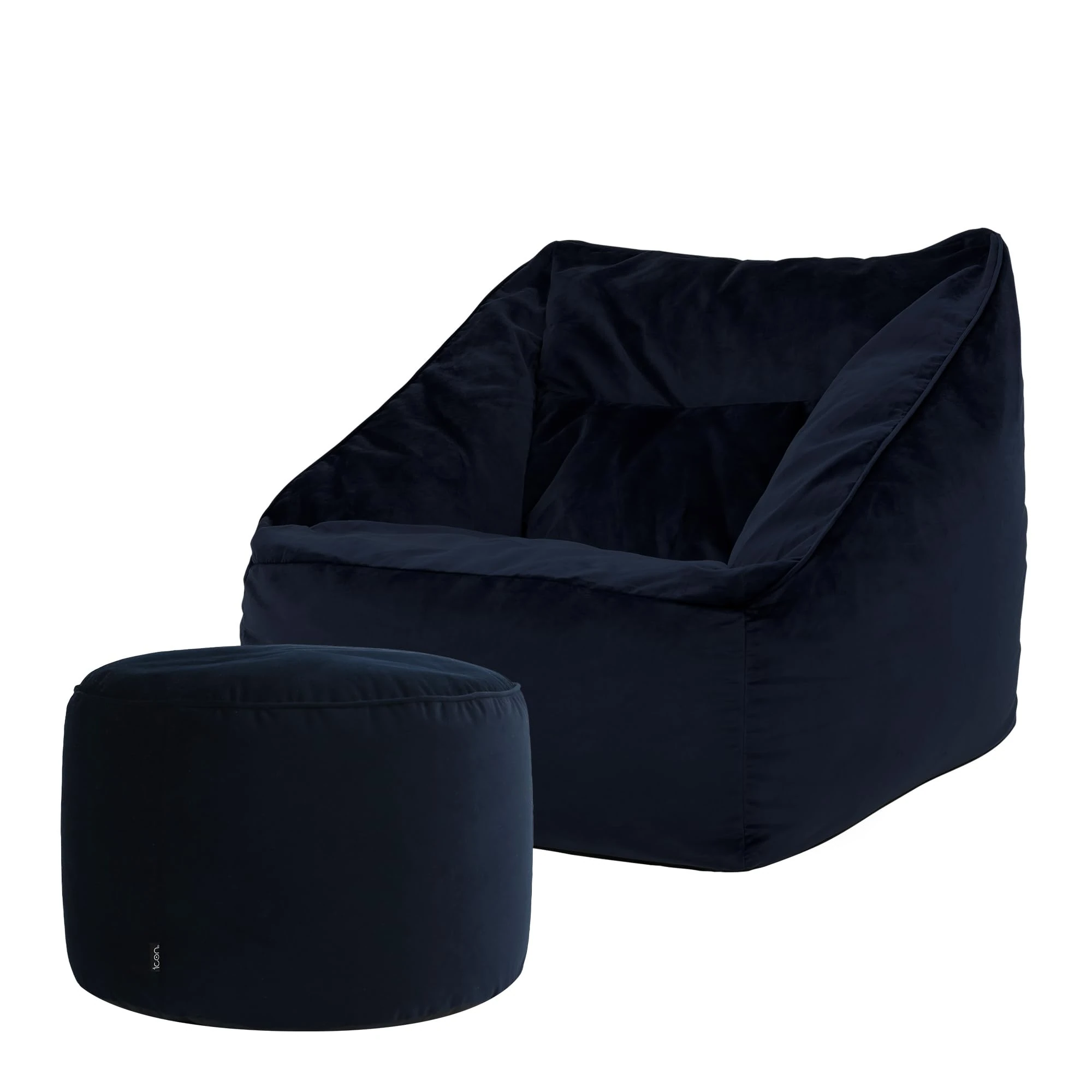 icon Natalia Velvet Bean Bag Chair with Pouffe, Midnight Blue, Large Adult Bean Bag with Filling Included, Accent Chair, Armchair, Living Room Furniture, Bedroom Furniture