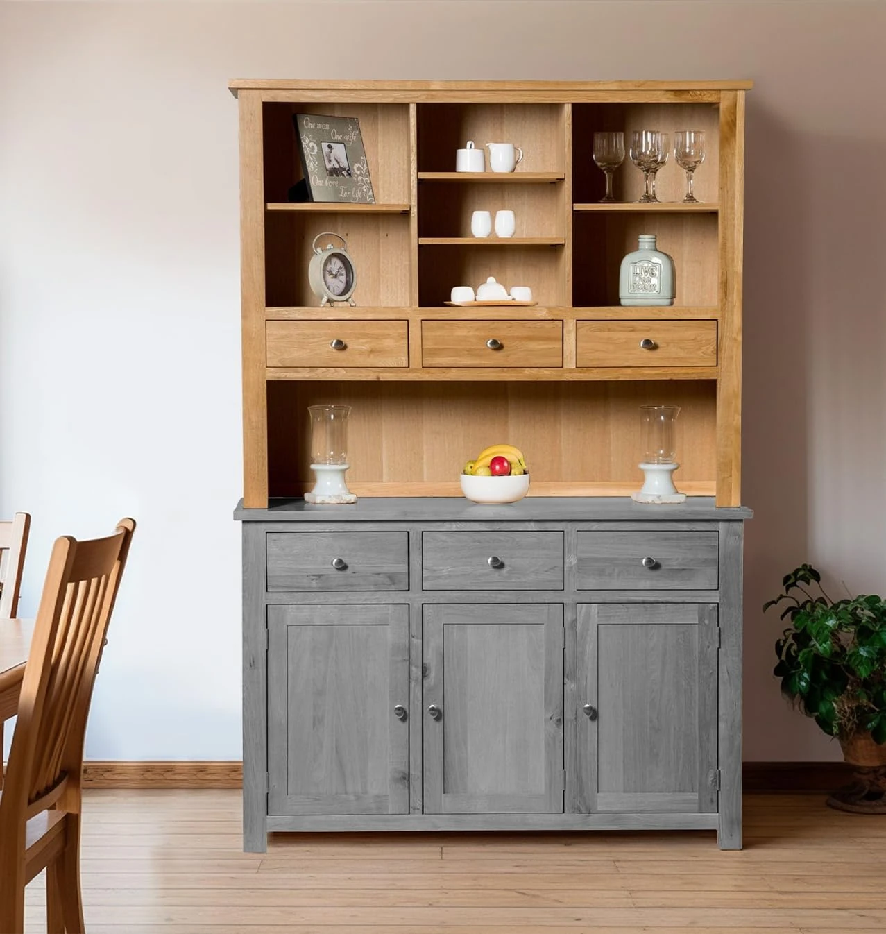 Hallowood Furniture Waverly Oak Large Sideboard Top with 3 Drawers and Open Shelves, Light Oak Wooden Storage Display Cabinets for Dining Room, Living Room or Bedroom, Kitchen Dresser Top