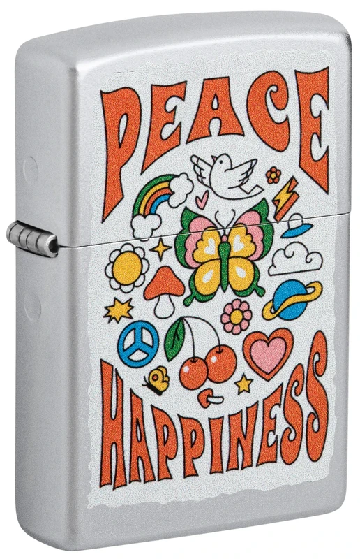 Zippo Windproof Lighter - Peace & Happiness - Satin Chrome Finish, Colour Image - Refillable - Reusable - Windproof Design - Gift Box - Made in USA