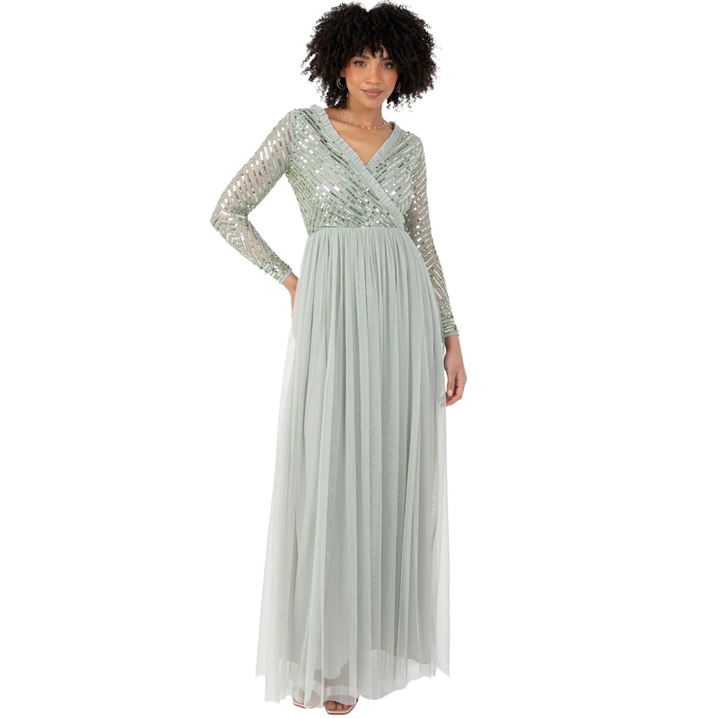 Women's Maxi Dress Ladies Embellished Wrap Tulle Frilly V-Neck Long Sleeve for Wedding Guest Bridesmaid Prom Ball Gown, Green Lily, 6