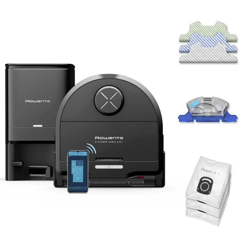 Rowenta RR9495 X-Plorer Series 220+ Robot Vacuum Cleaner, Animal and Allergy Model, Extra Large Animal Electric Brush, Vibrating Mop, Rectangular Design, Obstacle Avoidant