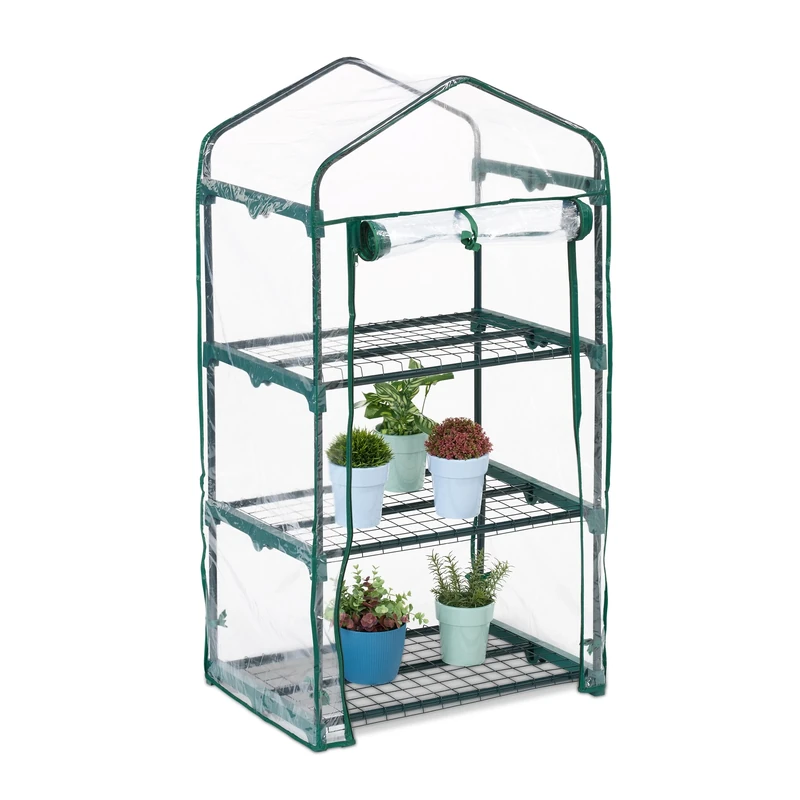 Relaxdays Balcony Greenhouse, PVC Film and Steel, HxWxD: 122 x 64 x 45 cm, 3-Tier Foil Propagator, Green/Transparent