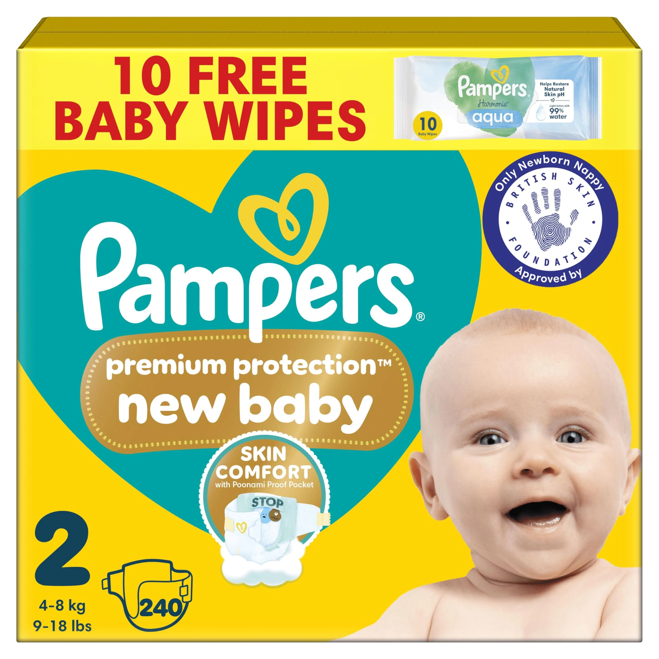 Pampers Premium Protection New Baby Size 2, 240 Nappies, 4kg-8kg, Monthly Pack, The Only Newborn Nappy Approved by British Skin Foundation