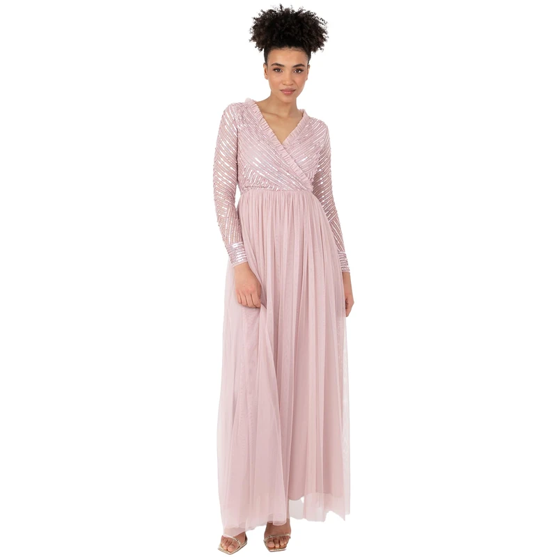 Maya Deluxe Women's Tulle V-Neck Long Sleeve Wedding Bridesmaid Prom Dress Frosted Pink 50, Frosted Rose, 22 - Image 1