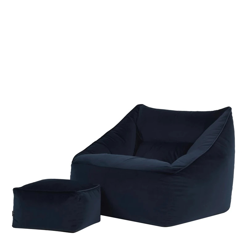 icon Natalia Velvet Bean Bag Chair with Footstool, Midnight Blue, Large Adult Bean Bag with Filling Included, Accent Chair, Armchair, Living Room Furniture, Bedroom Furniture