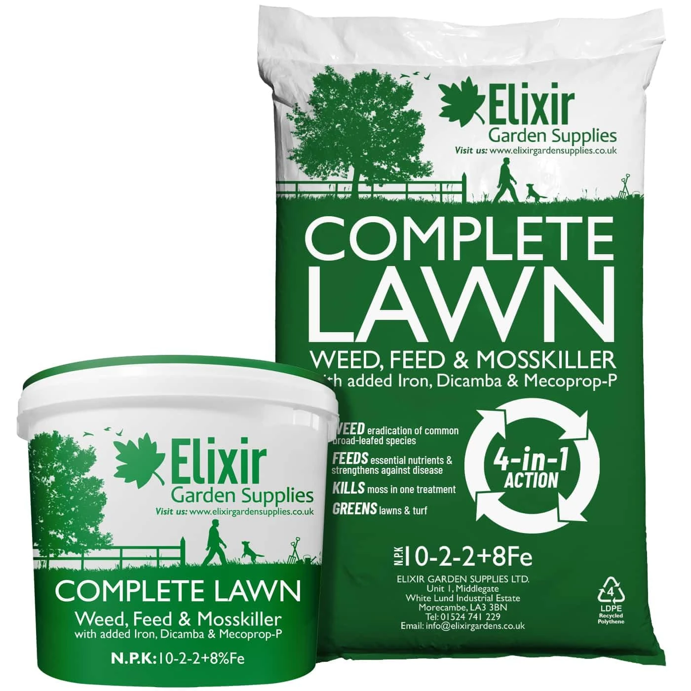 Elixir Gardens UK COMPLETE LAWN Weed, Feed & Mosskiller 10-2-2+8Fe | 4-in-1 Turf & Grass Fertiliser/Feed with Added Iron, Dicamba & Mecoprop-P | 32 Square Meters Coverage | 1kg Tub