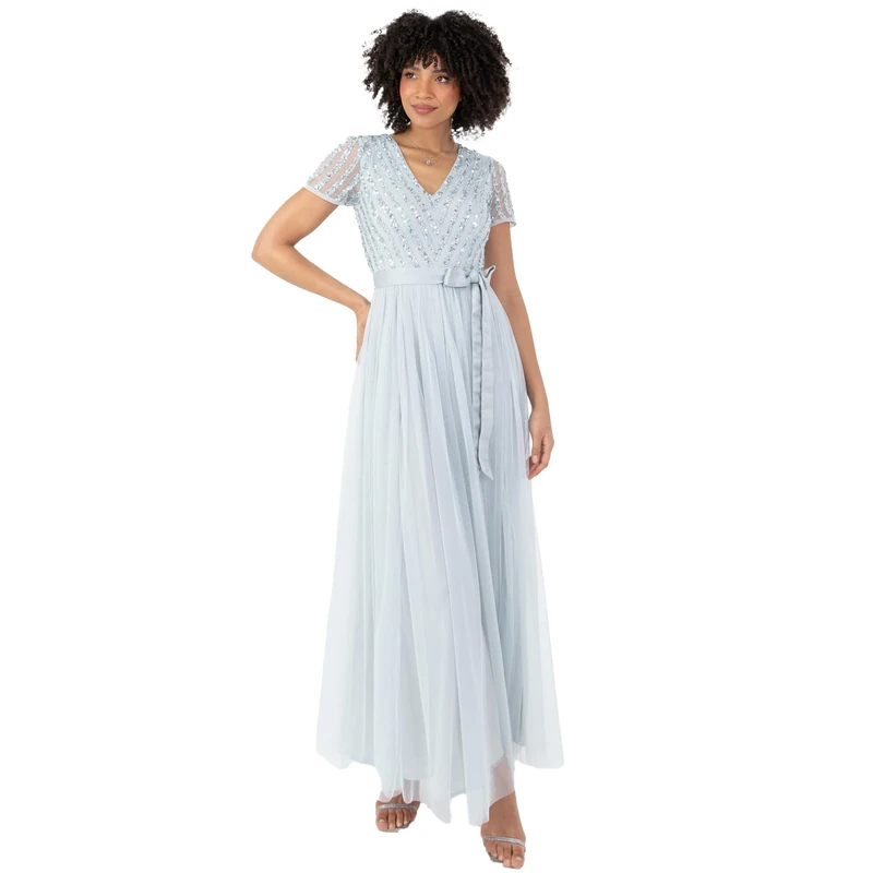Maya Deluxe Maxi Dress for Women Ladies Braidesmaid V-Neck Ball Gown Short Sleeves Long Elegant Empire Waist with Belt Ice Blue Size 8