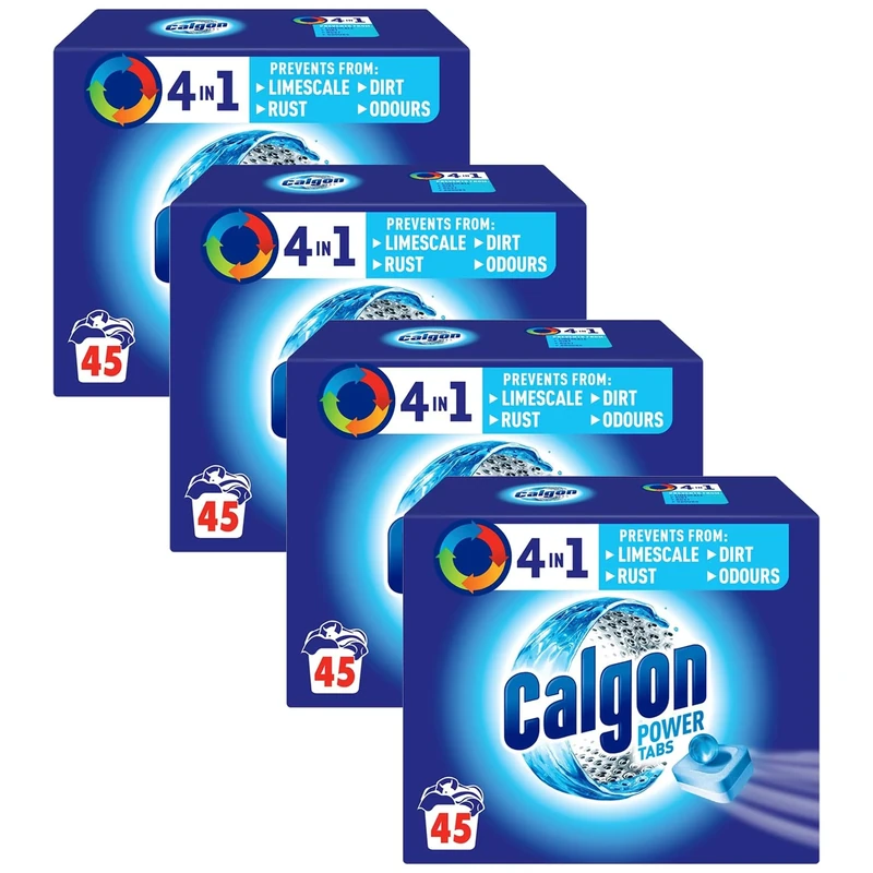 Calgon 4-in-1 Washing Machine Cleaner and Water Softener Tablets, 45 Count, Pack of 4 | Removes Limescale, Residue, Dirt, Rust & Malodours | Deep Clean | L Pack Size